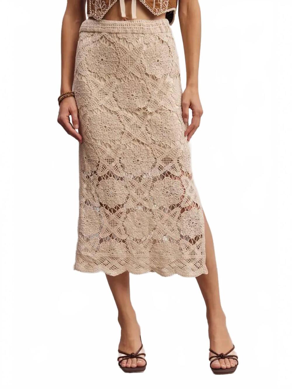 NEW LISTICLE women's crochet maxi skirt in beige